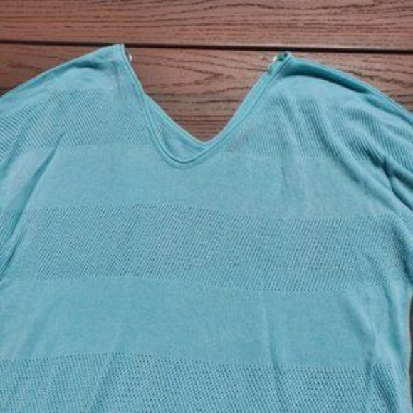 Express Aqua Blue Sweater Dolman Sleeve V Neck Open Knit Stripe Preppy Casual XS - Picture 7 of 7